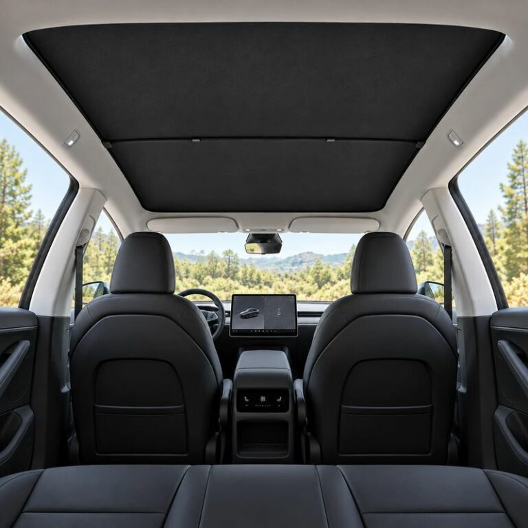 Pare-soleil noir installé sous le toit vitré d’une Tesla Model Y, vue de l’habitacle